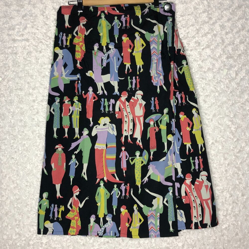 Vintage Style Maxi Skirt Colorful Art Deco Print Full Length Black‎ Size M